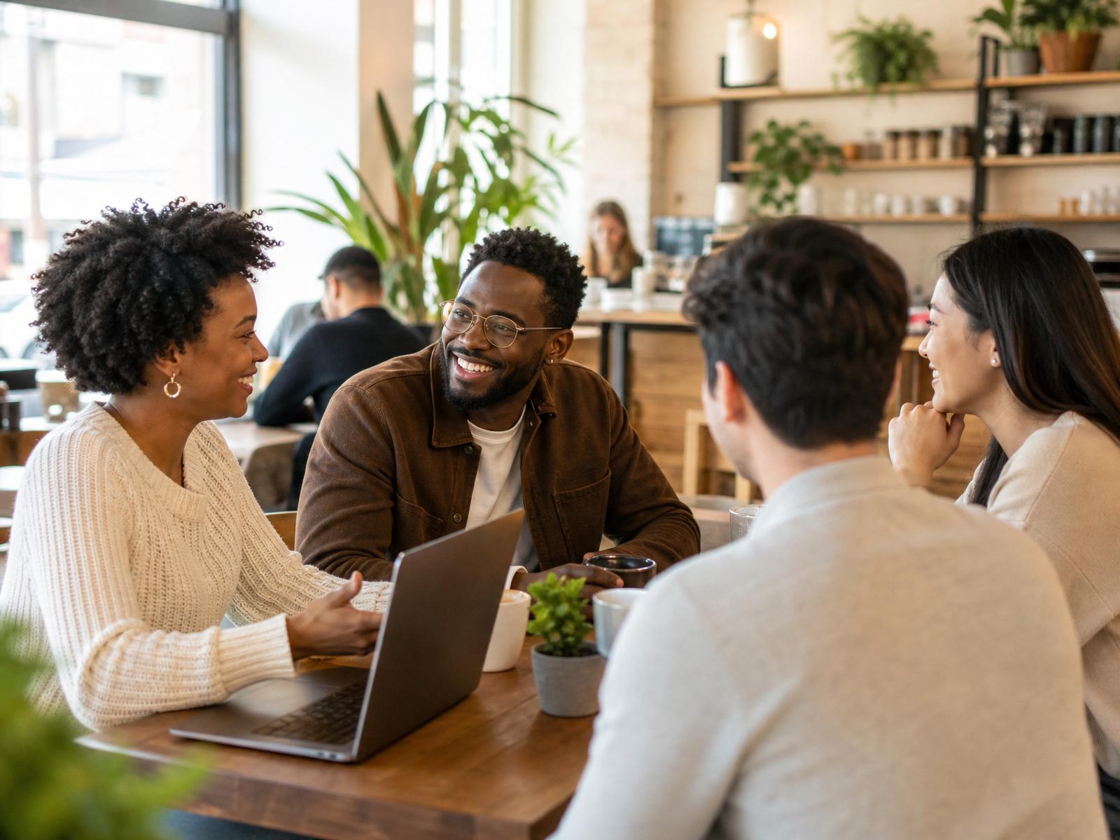 A diverse group of professionals chatting at a bright neighborhood coffee shop