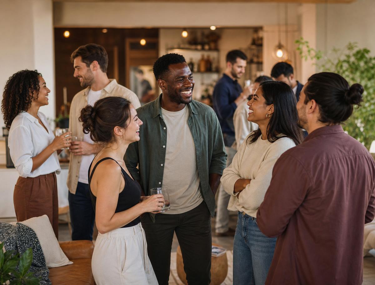 A diverse group of friends laughing together at a casual gathering