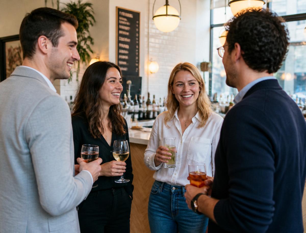 Four people chatting with drinks at a bright neighborhood bar